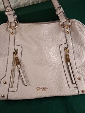 Jessica Simpson Cream Textured Shoulder Tote with Gold Hardware 2 Front Zippers
